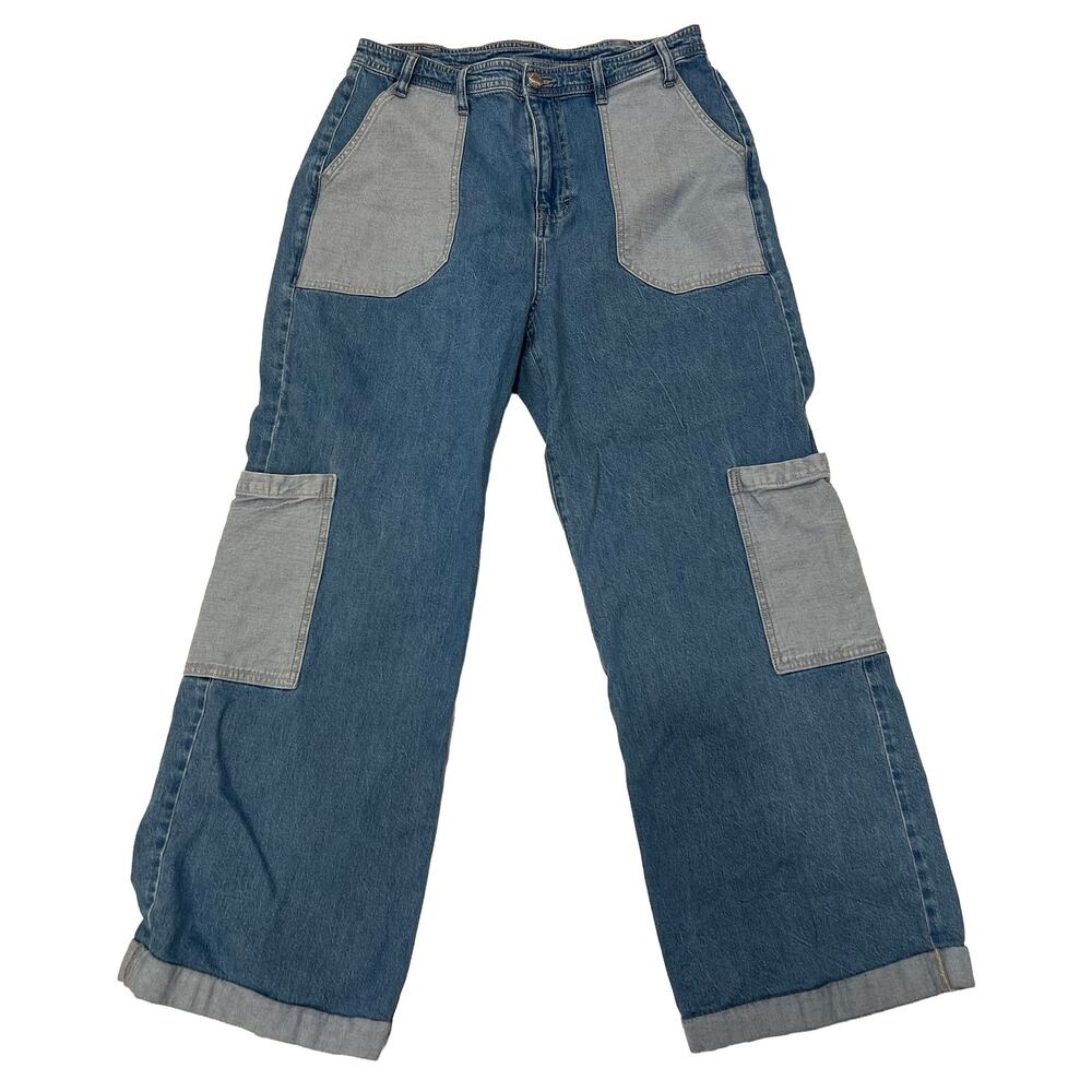 On 34th Womens High Rise Patch Pocket 2 Tone Wide Leg Y2K Cargo Jeans Size 12/31